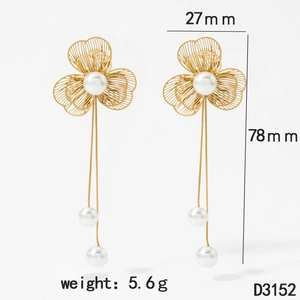 Detail view of gold flower earrings with pearl tassels showing dimensions 78mm by 27mm