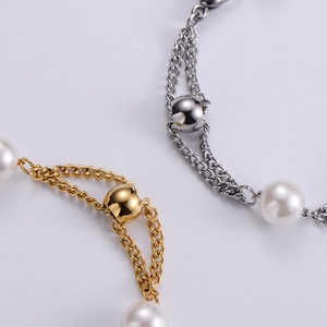 Lustrous freshwater pearl bracelet with stainless steel chain and adjustable toggle clasp