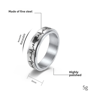 Détail de la bague rotative en acier inoxydable 6mm avec motif ECG de battement de cœur