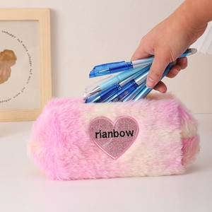 Pink and white gradient plush pencil case with heart embroidery and large capacity