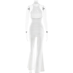 Rückansicht des weißen Halterneck-Jumpsuits mit hoher Taille auf einer Schaufensterpuppe