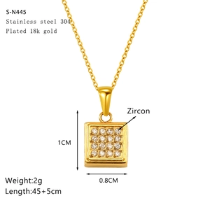 Detail view of 18k gold plated stainless steel square pendant with 16 zircon stones