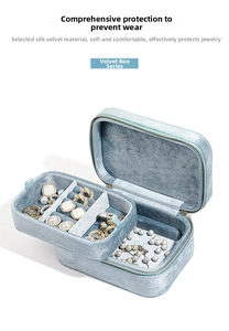 Macro detail of a double-layer velvet jewelry organizer in light blue with gold zipper