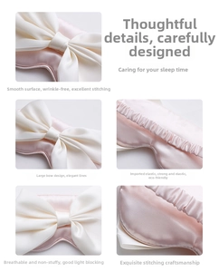 Detail view of pink satin sleep mask with white bow showing stitching and elastic strap