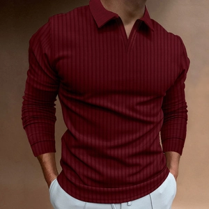 Bordeauxrood heren poloshirt met lange mouwen en verticale geribbelde gebreide textuur