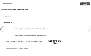 Size chart for casual fleece floral sweatshirt detailing fabric and measurements