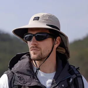 Outdoor Sun Hat Wide Brim Nylon Fisherman Bucket Cap With Neck Flap Breathable Mesh For Hiking Fishing Summer Protection