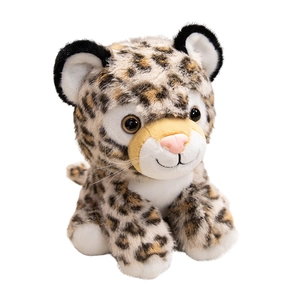 Realistic sitting leopard plush toy with leopard print and soft white accents for kids