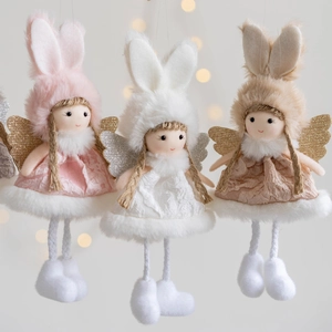 Three plush angel girl dolls with bunny ears and sequin wings for Christmas tree decor