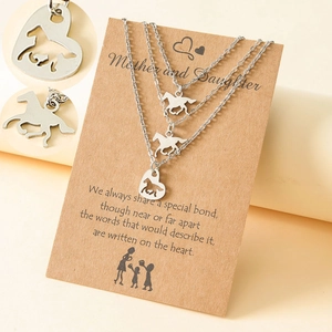 Stainless Steel Mother Daughter Necklace Set Hollow Heart Horse Pendant Necklace For Women Mother's Day Jewelry Gift