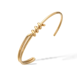 18K gold plated minimalist knotted C-shape open bangle with three interlocking twists