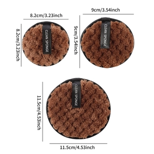 Three sizes of brown plush makeup remover pads with black straps for facial cleaning