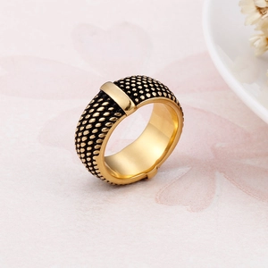 Retro industrial wide stainless steel ring with black and gold textured surface
