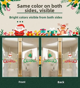 Detailed view of double-sided Christmas window stickers with snowman and tree patterns