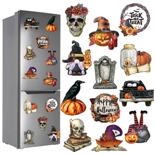 Detailed Halloween magnetic stickers with pumpkin, skeleton and witch themes on fridge