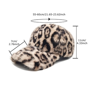 Women's leopard print plush baseball cap with adjustable size measurements displayed
