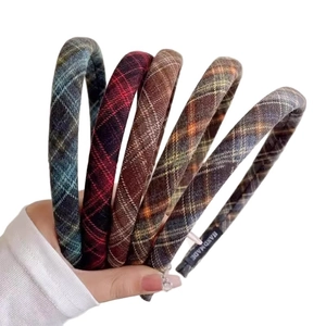 Set of 6 preppy plaid fabric headbands with handmade tags in assorted vintage colors