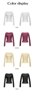 Detailed color display of slim fit square neck long sleeve tops in white red yellow and black