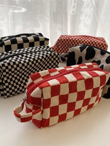 Checkerboard Seersucker Makeup Bag Large Capacity Portable Cosmetic Toiletry Organizer With Handle For Women Travel