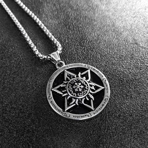 Vintage stainless steel Egyptian Horus star pendant necklace with runic engravings