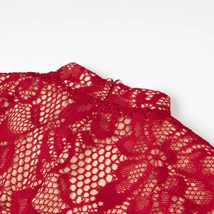 Detail view of red lace dress back neckline with invisible zipper and nude lining