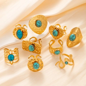 Vintage Stainless Steel Turquoise Inlaid Open Adjustable Ring For Women Men French Luxurious Gold Snake Heart Geometric Finger Jewelry Gift