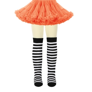 Detailed view of kids' black and white striped knee-high socks with knitted cotton texture