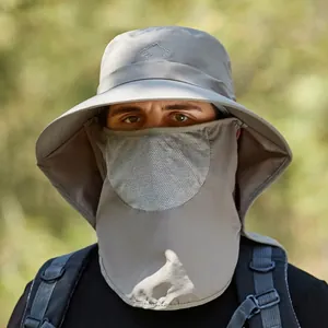 Men's outdoor sun protection bucket hat in light grey with neck flap and face shield