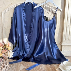 Navy blue silk-like pajama set featuring a long-sleeve robe and camisole nightgown