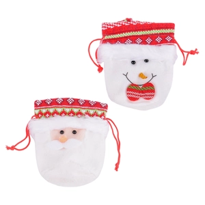 Christmas drawstring gift bags featuring Santa and Snowman plush designs in festive red