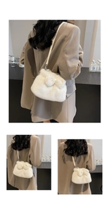 Detail of white plush shoulder bag featuring a cute bow and sleek faux fur texture