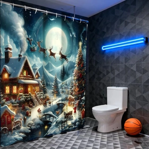 Christmas Shower Curtain Waterproof Polyester Fabric With Plastic Hooks Santa Reindeer Snow Scene Bathroom Decor Holiday