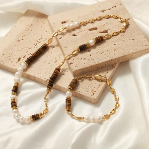 Vintage Titanium Steel Necklace And Bracelet With Freshwater Pearl And Tiger Eye Beads Coffee Bean Chain Jewelry For Women