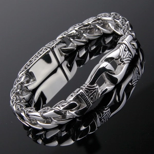 Retro tribal totem engraved stainless steel chain bracelet for men in silver finish