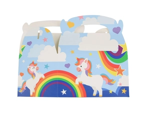Detail of blue candy box featuring cartoon unicorn, rainbow and cloud patterns with handle