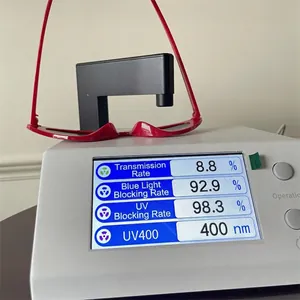 Cat eye sunglasses with red frame showing professional UV400 and blue light test results