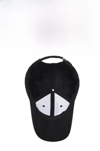 Detail view of the breathable fabric lining and adjustable metal buckle of the black baseball cap