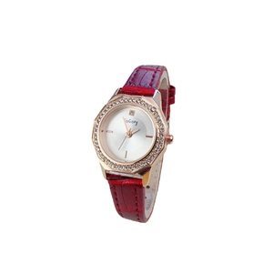 Octagonal rose gold watch with diamond bezel and red leather strap on white background