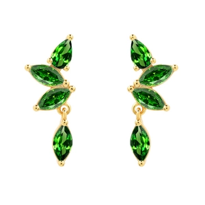 Detailed view of gold earrings with marquise-cut green zircon stones in leaf shape