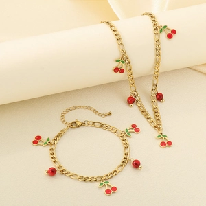 18K gold plated stainless steel jewelry set with red cherry charms and natural beads