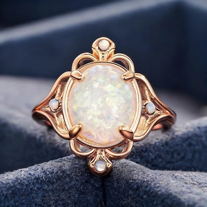 Vintage rose gold ring with a large oval opal and intricate floral filigree design