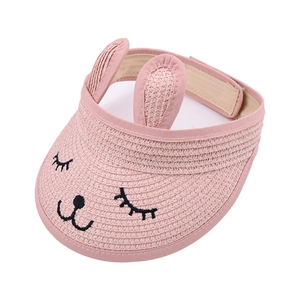 Pink straw sun hat for children with rabbit ears and cute cartoon embroidery