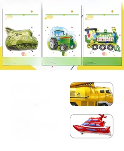 Detail of durable transport foil balloons featuring reinforced edges and cartoon vehicle designs