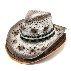 Straw Cowboy Hat Hand Woven Hollow Out Gradient Sun Shade Summer Beach Bohemian Style Turquoise Beads Metal Coin Decor
