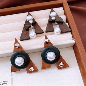 Triangle Wood Faux Artificial Pearl Drop Earrings With 925 Sterling Silver Earring Post Vintage Ethnic Geometric Jewelry For Women