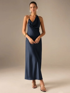 Elegant navy blue satin maxi dress with halter neck and backless design for summer 2025