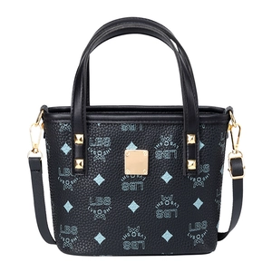 Black leather bucket bag with blue digital print and gold hardware accessories