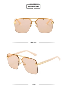 Front and side view of champagne rimless sunglasses with metal bridge and plastic temples