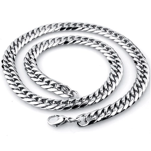 Polished silver stainless steel Cuban link necklace for men with a secure lobster clasp