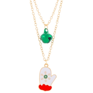 Collier double couche doré avec clochette verte et pendentif moufle flocon de neige